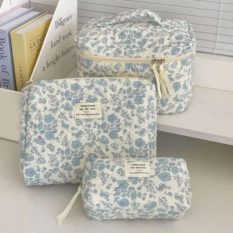 1pcs Cotton Blue Flower Cosmetic Bag Fabric Storage Bags Small Big Capacity Travel Organzier Pouch Women Makeup Case Y260206