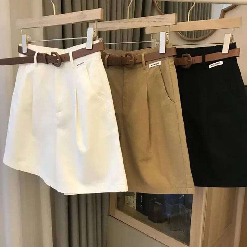 Summer Womens Wide Leg with belt Loose Casual Zipper Classic Bermuda Shorts Office Thin Cotton A Line Short for Women XJ260206