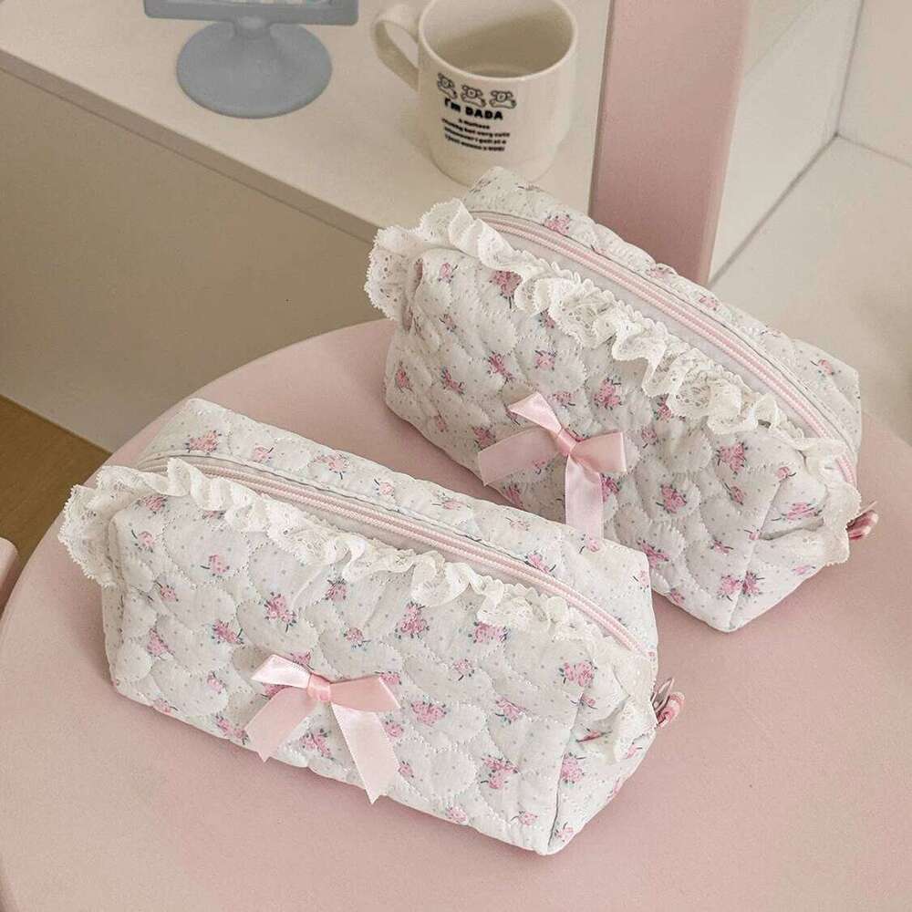 Pink Flower Women Lace Small Makeup Bag Travel Organizer Cosmetic Coins Handbag Pouch Gilrs Cute Bow Square Zipper Wallet Bags Y260206