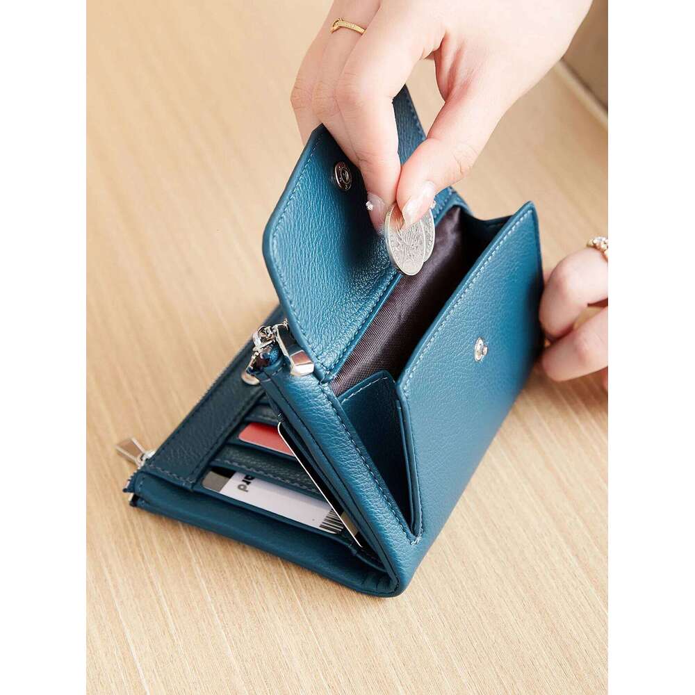 Women's PU leather short double zippered wallet simple solid color large capacity credit card holder bag with coin pocket Y260206