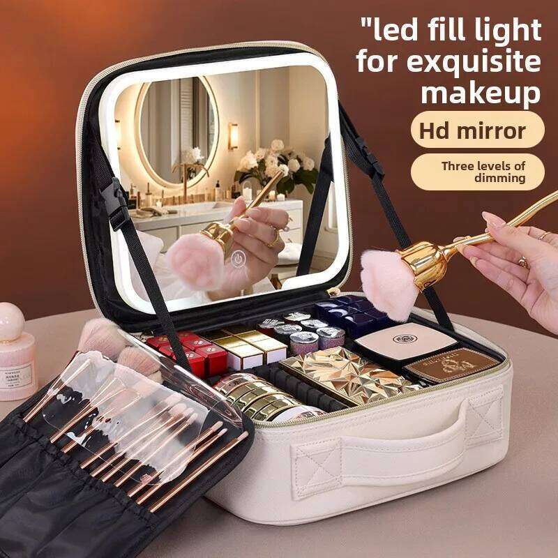 Cross-border High Aesthetic ValueLEDLight Strip Mirror Makeup Case Large Capacity Travel Portable Handheld Cosmetic Storage Bag Y260206