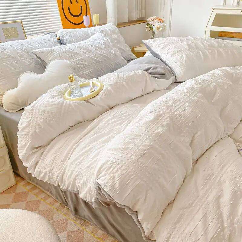 Simple Bubble Style Ab Single Quilt Bedding Four-piece Set Coral Mattress Cover Milk Fleece Bed Sheet XJ260206