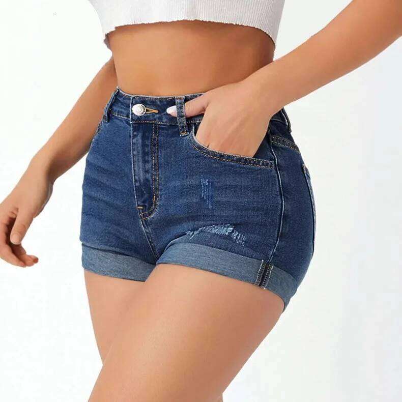 Women Summer Denim Shorts High Waist Stretch Ripped Hole Skinny Pockets Jeans Short Pants XJ260206