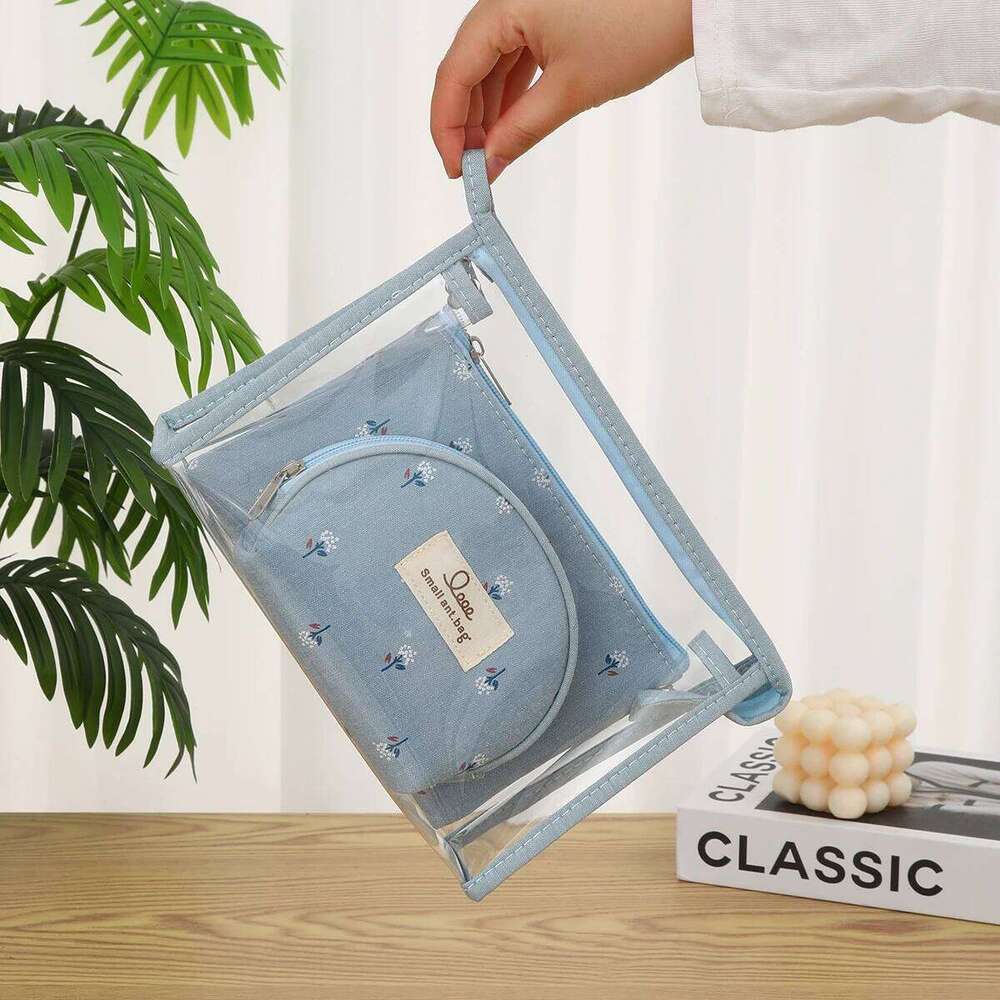 Transparent PVC canvas makeup Redwood and cotton three piece wash set Portable travel ladies' storage bag Y260206
