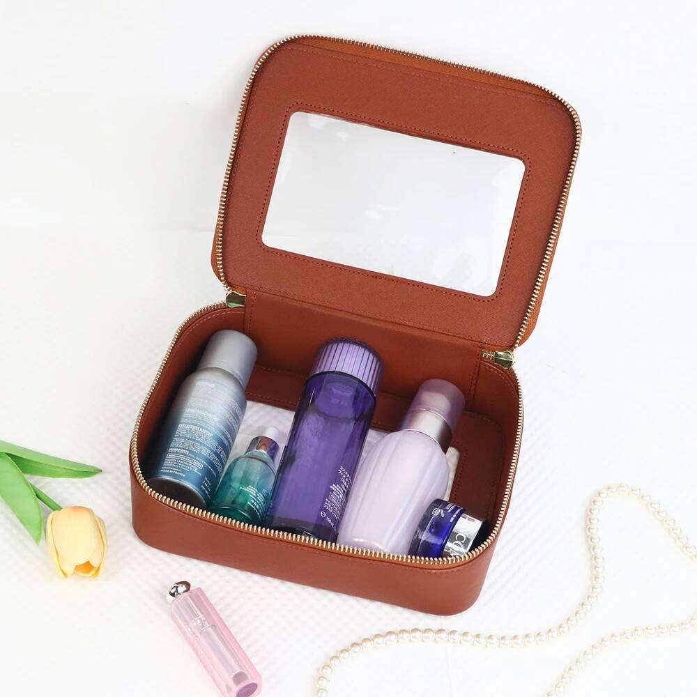 Customized name leather waterproof makeup brush bag, portable transparent PVC TPU storage bag Y260206