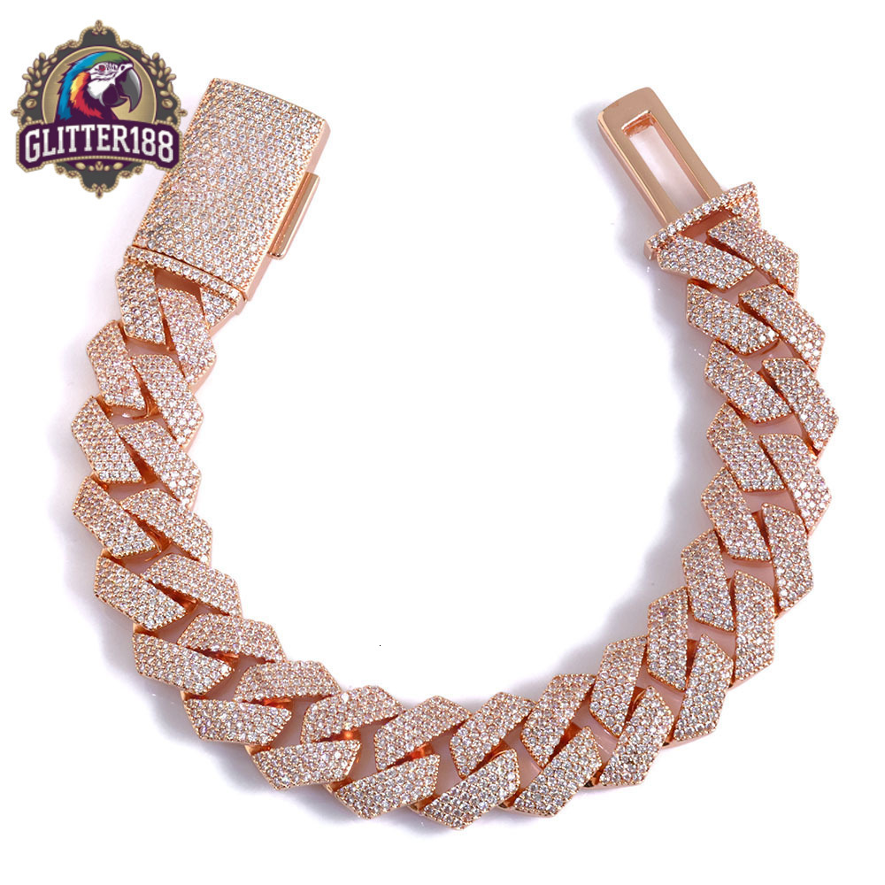 2026 new style Premium 15mm Miami Cuban Link Chain Bracelet Rose Gold Plated Iced Out vvs moissanite Stones Prong Set Hip Hop Jewelry