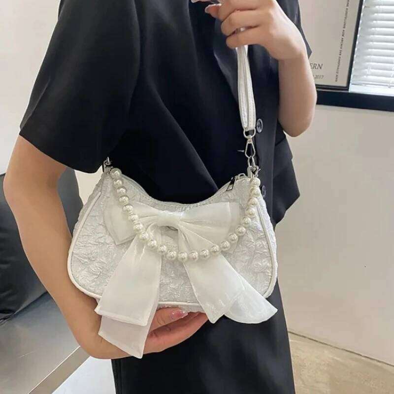 Women Retro Bow Single Shoulder Crossbody Bag Fashion Pearl PU Purse Handbag Y260205