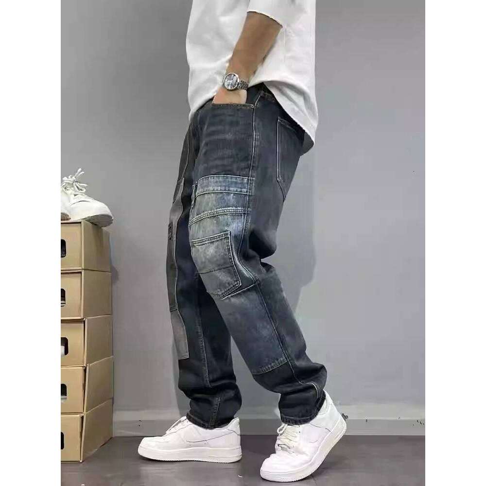 Patchwork Straight Leg Jeans Plus Size Multi Pocket Japanese Streetwear High Quality Trendy Skater Fit Denim Trousers 2025 New X260207