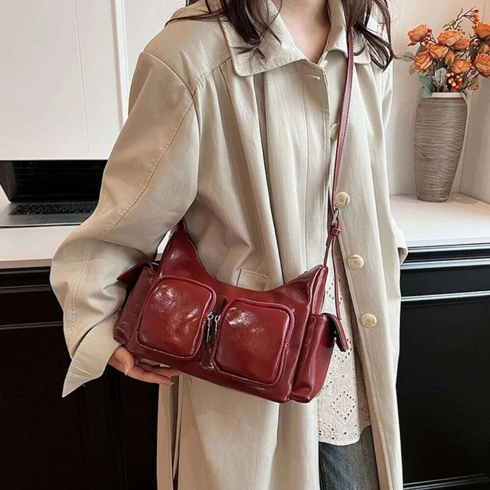 Y2K Pocket Crossbody Korean Style Adjustable Shoulder Strap PU Leather Underarm Bag Solid Color Zipper Handbag Women Y260205