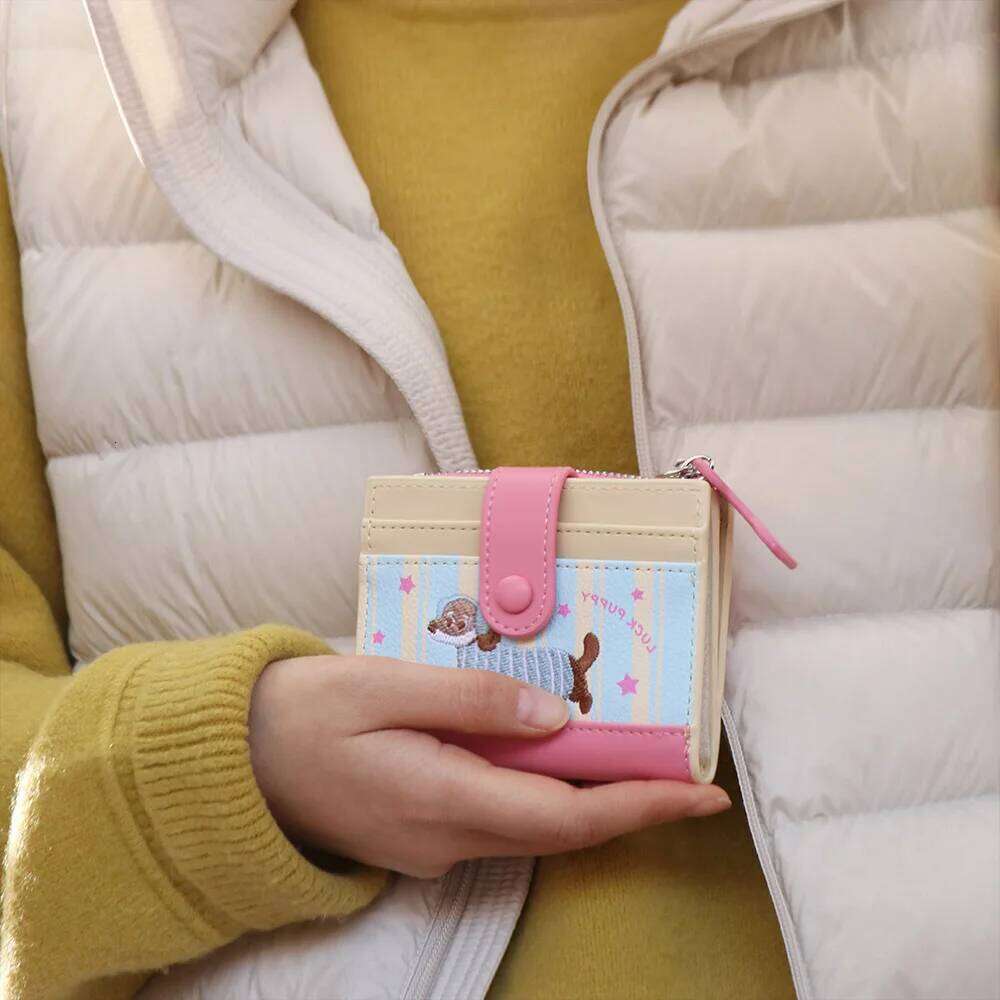Sweet Dopamine Color Dachshund Embroidery Coin Purse Pouch Card Cartoon Pu Wallet Zipper Ins Small Item Bag Children Y260206