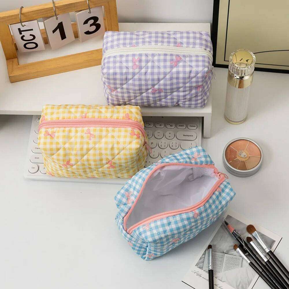 New Bow Quilted Makeup Bag Multifunctional Large Capacity Cosmetic Organizer Toiletry Handbag Women Y260206