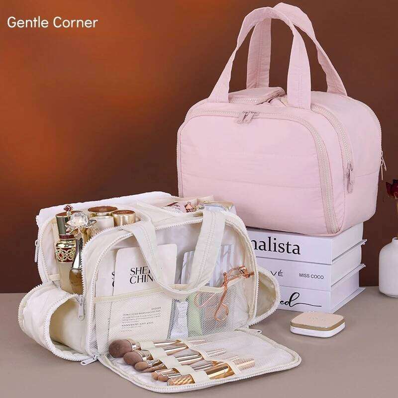 Double Zipper Multi Pocket Partition Makeup Large Capacity Travel Essential cosmetic Organizer Women's Portable Storage Bag Y260206