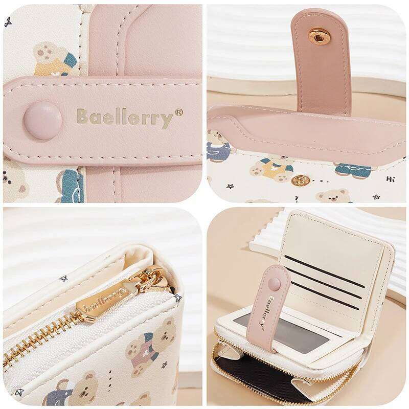 New Women'S Short Wallet Bear Print Multi-Slot Zipper Coin Purse Card Holder Bag Y260206