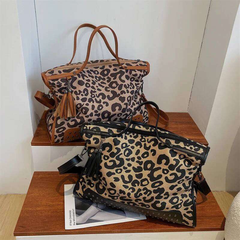 Fashion Leopard Pattern Women's Handbag Retro Rivet New Large Capacity Multi Functional Travel Shoulder Crossbody Bag Y260205