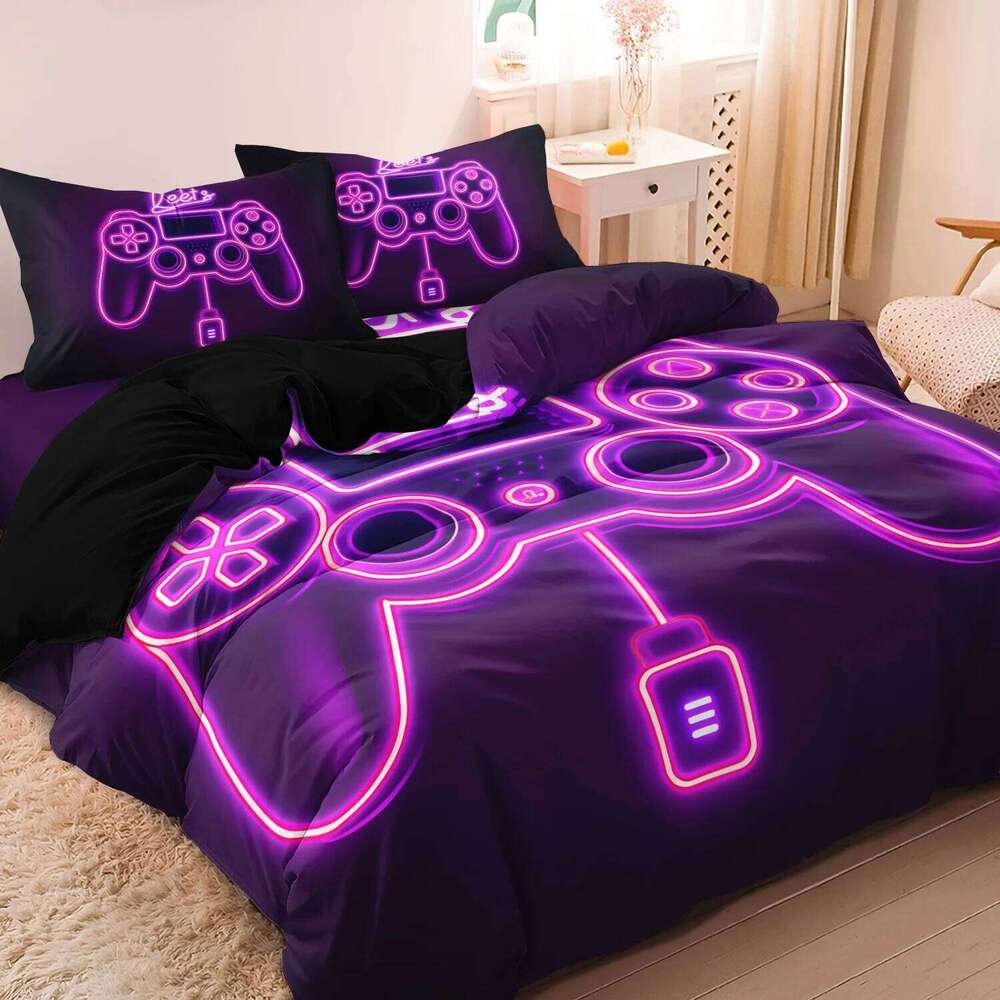 3pcs Video Game Controller Mouse Keyboard Headphone Pattern Duvet Cover Set - Modern Fashionable Cool Gamepad Print XJ260206