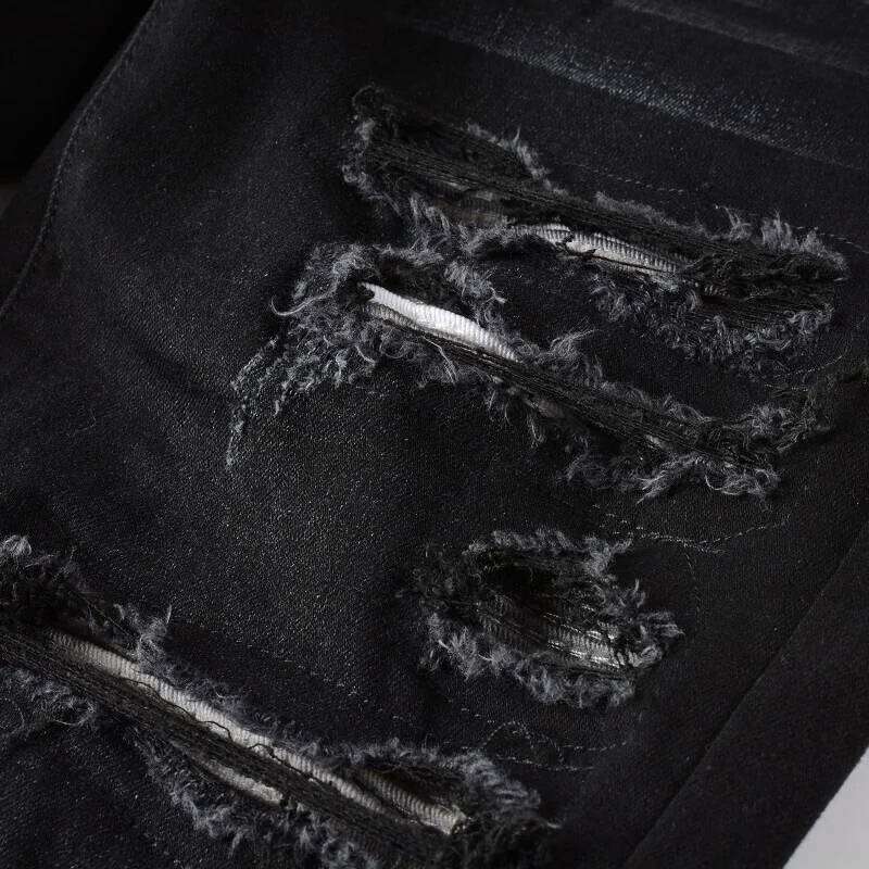 Men's Black Distressed Bandanna Patchwork Holes Repaired Skinny Stretch Moustache Slim Fit Ripped Jeans Men X260207