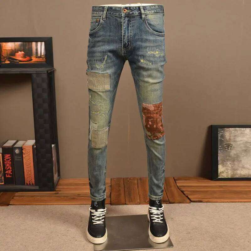 Y2KFashion New Patch Washed NostalgicY2K Stretch Slimming Retro Blue Jeans High Street Hip Hop Italian Pants Hombre X260207