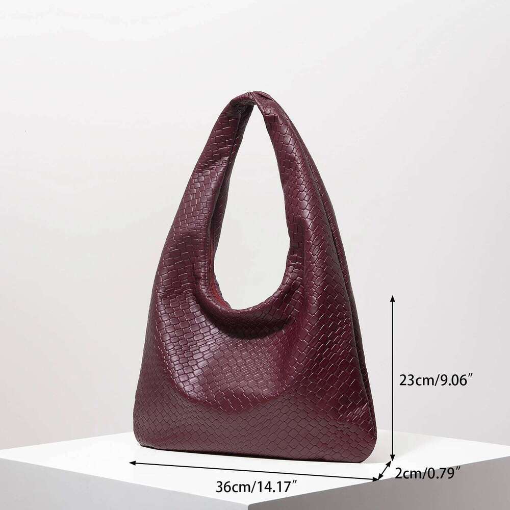 Vintage Faux Woven Leather Shoulder Women's Handbag, Large Capacity Tote Crescent Zipper Underarm Bag, Daily Commuter Bag Random Pattern Y260204