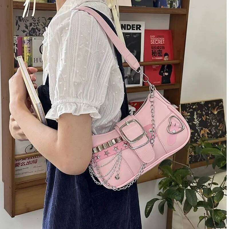 Vintage Korean Casual Cute Pink Star Shoulder Underarm Tote Bag Ladies Sling Bags Leather Zip Purses Women Chain Y2k Handbag New Z260207 - view 3