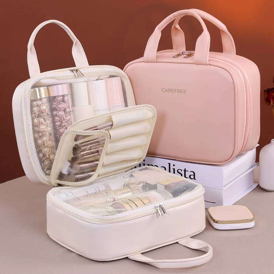 Multifunctional For Women PU Leather Large Capacity Portable Double Zipper Travel Makeup Brush Toiletries Storage Bag Y260206
