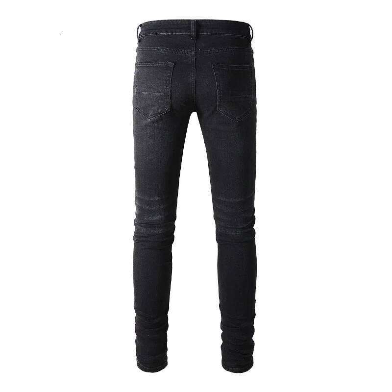 Men's Black Distressed Bandanna Patchwork Holes Repaired Skinny Stretch Moustache Slim Fit Ripped Jeans Men X260207