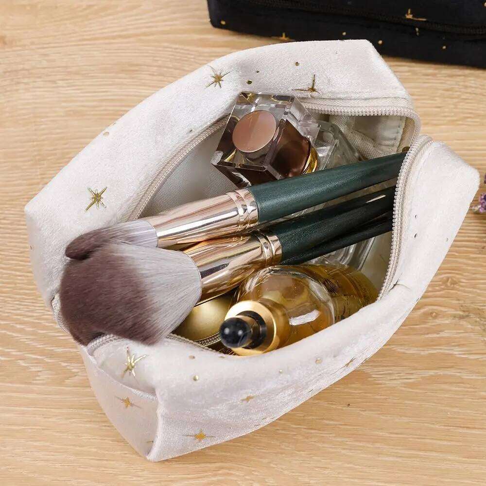 High Quality Portable Cosmetic Hot stamping star pattern with Zipper Make Up Storage Soft Velvet Women Toiletry Bag Y260206