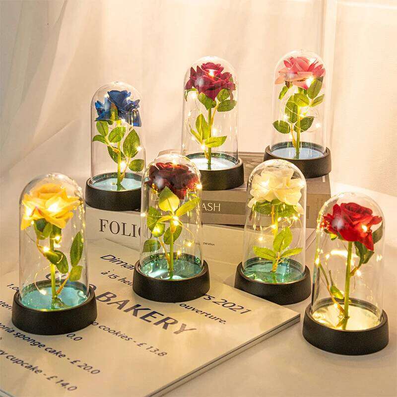 Christmas Valentine's Day Gifts Eternal Flowers in Glass Cover Simulation Rose Flower Desktop Ornament For Girlfriends S260204