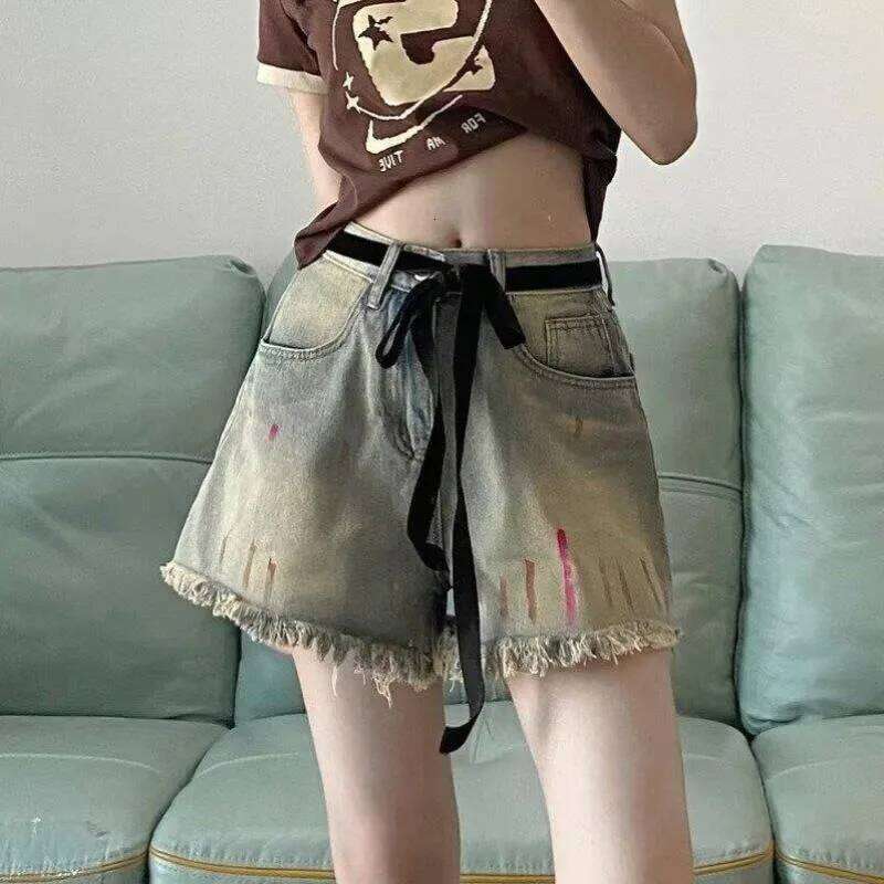 Women's painted graffiti denim shorts for summer, thin, high waisted, A-line with fringed edges, slim and wide leg pants, trendy XJ260206