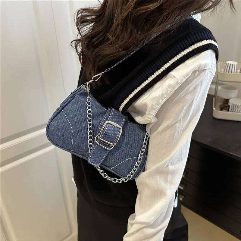 Casual Thread Design Women's Denim Shoulder Bags Simple Y2k Cool Girls Chain Underarm Bag Portable Female Square Phone Handbags Z260207 - view 3
