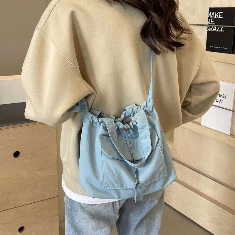 Casual Drawstring Bucket Shoulder Bags for Women Portable Nylon Ladies Handbags Tote Simple Solid Color Female Messenger Bag Y260205