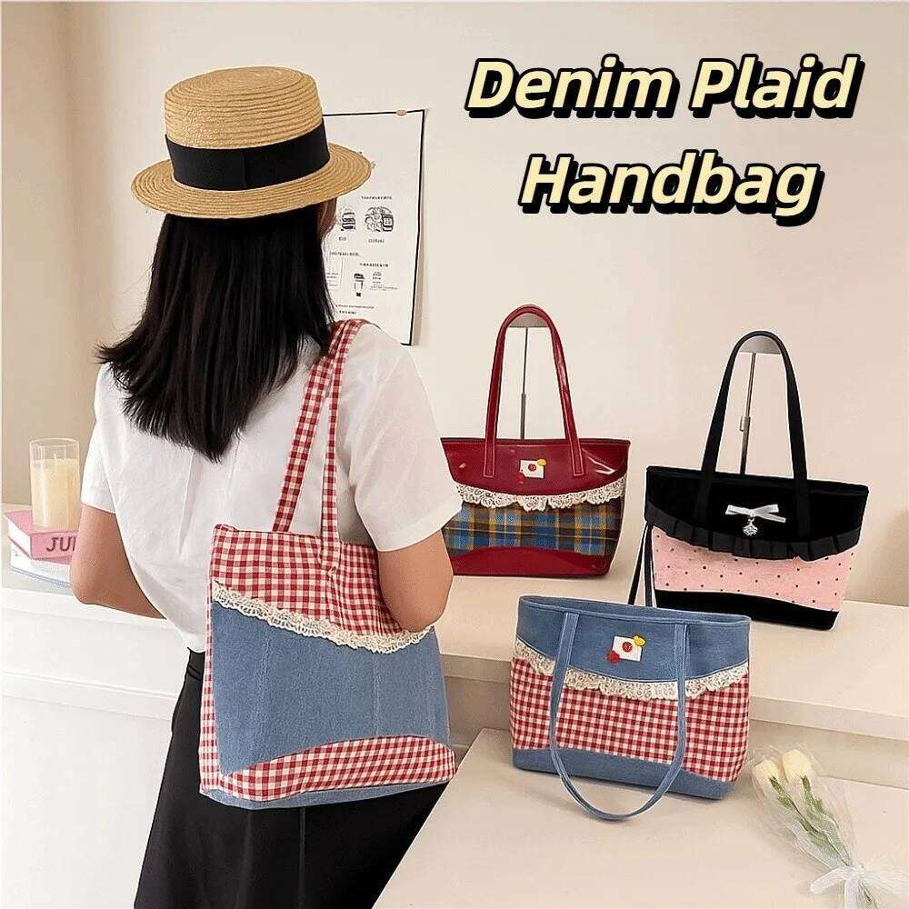 Retro Lattice Lace Bow Shoulder Rural Style Lovely Denim Plaid Handbag Leisure Vintage Commuting Tote Bag Women Y260205