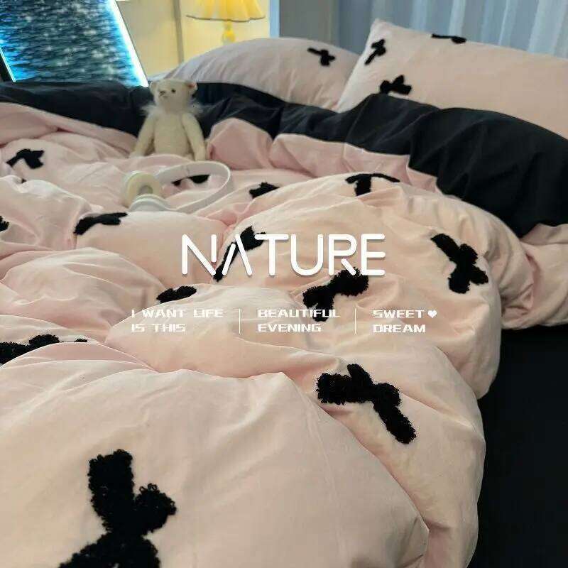 Light Luxury New Blue Bow Quilt Cover Washed Embroidered Sheet Sour-Piece Set Bedding Dormitory Bed Girls Soft and Warm XJ260206