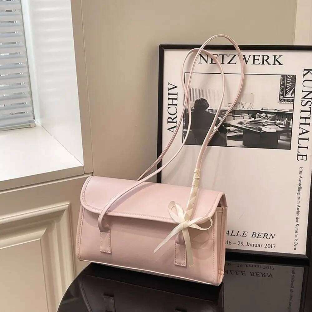 Trendy Sweet Y2k Bow Ribbons Shoulder Bag Large Capacity Portable Girls Handbag Solid Color Pu Leather Underarm Travel Y260205