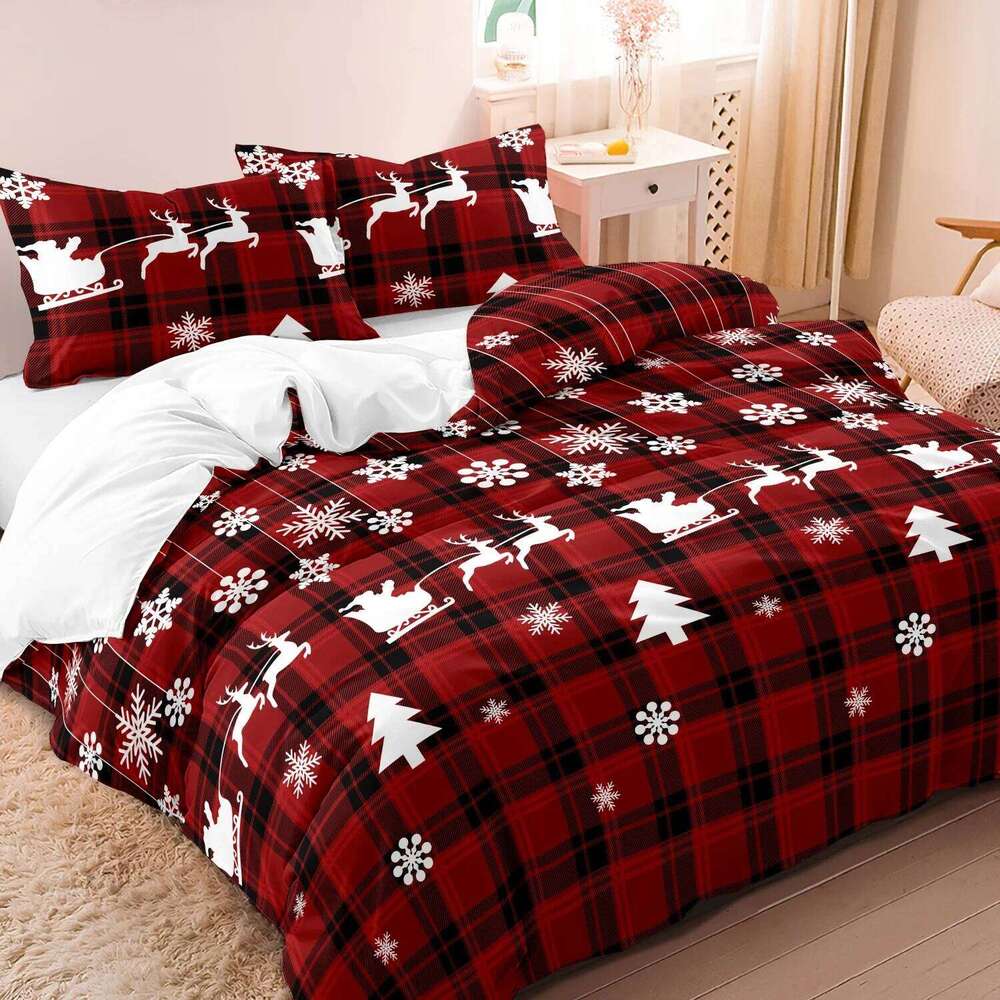 3pcs Down Elk Snowflake Christmas Theme Square Grid Quilt Cover Set Soft Microfiber Checkered Bedding Bedroom Decor XJ260206