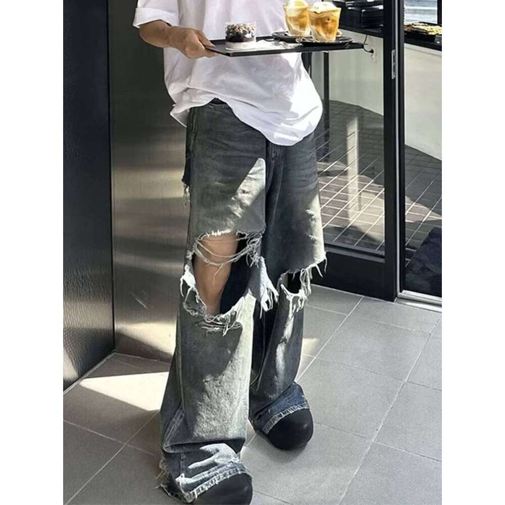 MIJKO Real Picture Frayed Damaged Hole Baggy Wide Leg Jeans Men Streetwear Casual Denim Trousers Cargo Pants X260207