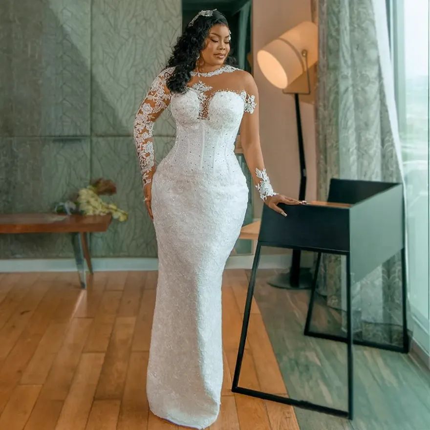 Mermaid Dresses Bridal Gowns With Detachable Train Plus Size Illusion Long Sleeves Beaded Lace Wedding Gown for African Black Women Bride O19