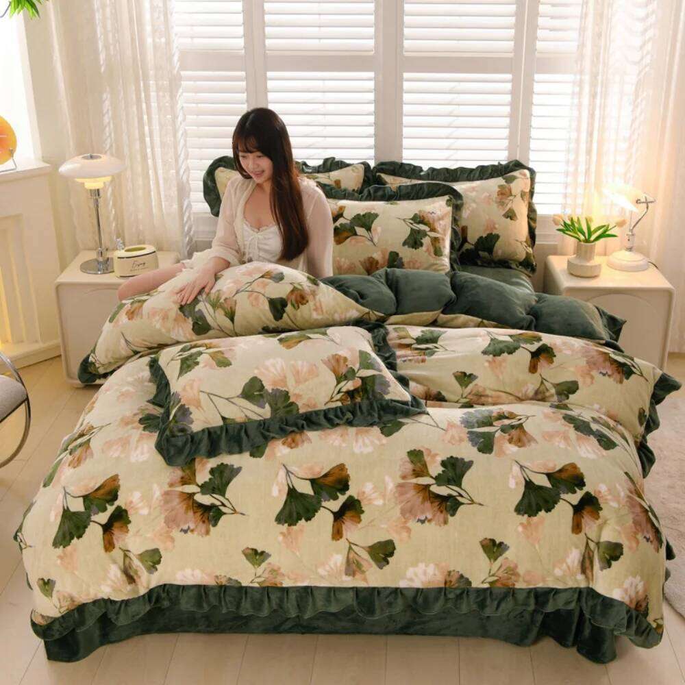 Korean Style Thickened Milk Velvet Four-Piece Winter Warm Soft Duvet Quilt Cover Bed Sheet Pillowcase Bedding Set XJ260206