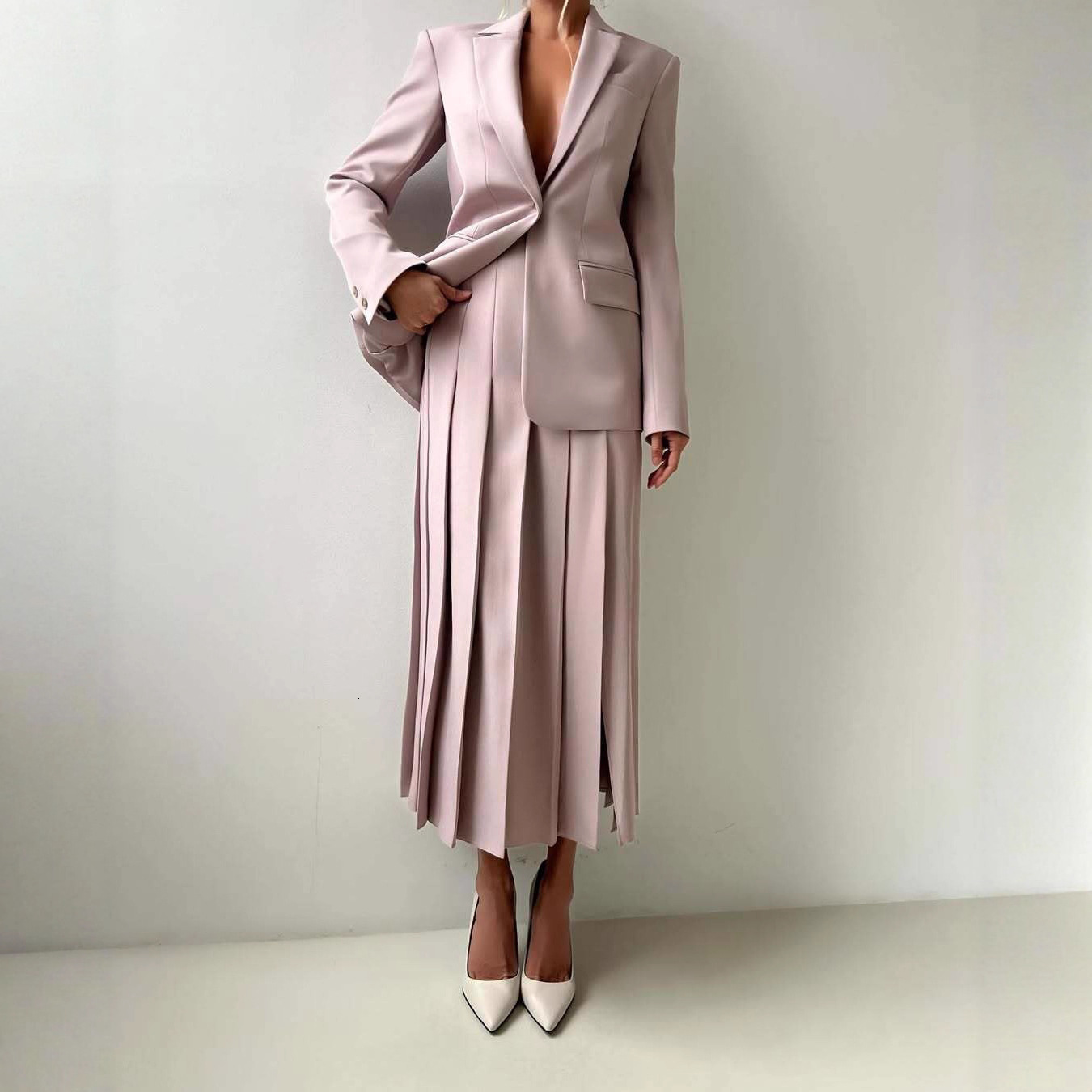 3pcs Women Elegant Work Casual Business Suit Set Fitted Vest for SpringSummer Pleated Midi Skirt Suitable for Office Lady 260109