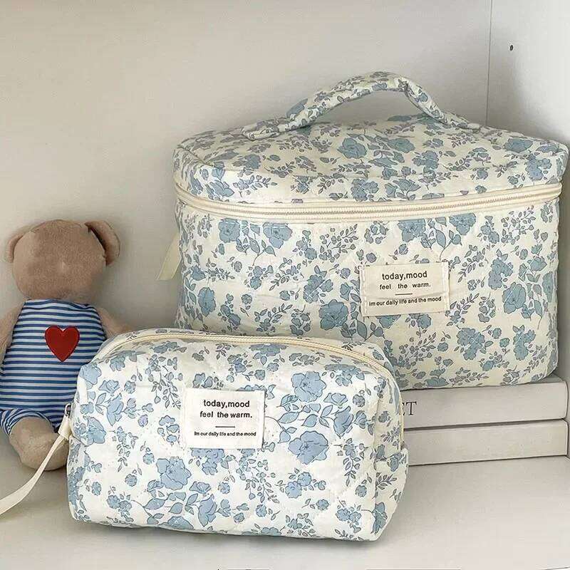 1pcs Cotton Blue Flower Cosmetic Bag Fabric Storage Bags Small Big Capacity Travel Organzier Pouch Women Makeup Case Y260206