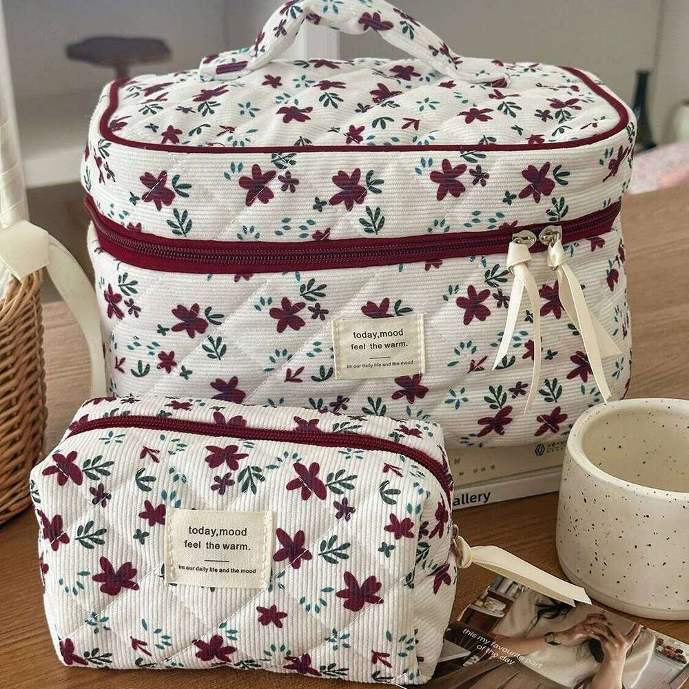 Fashion Red Floral Tote Women's Large Capacity Cosmetic Storage Handbag Ladies Corduroy Pouch Makeup Clutch Bag Y260206