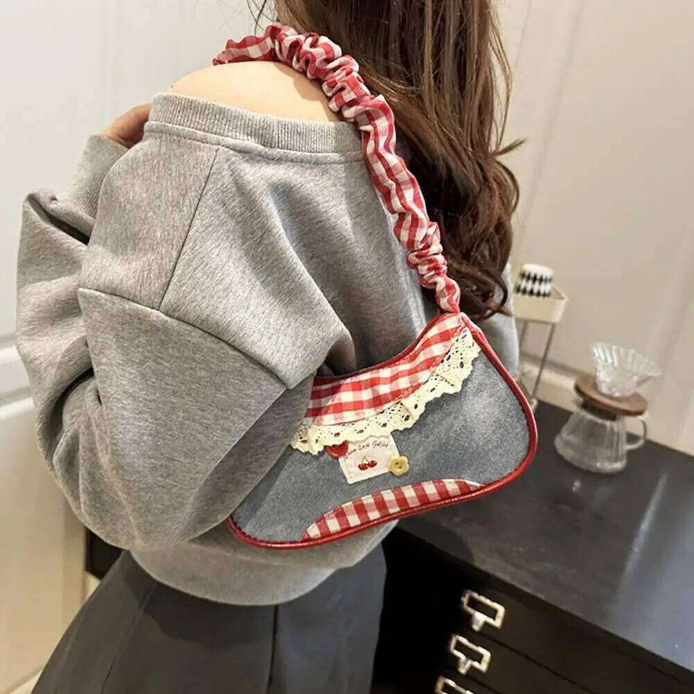 New Cute Checkered Handbags Sweet Lace Underarm Bowknot Armpit Crossbody Y2k Fashion Casual Shoulder Bag Y260205