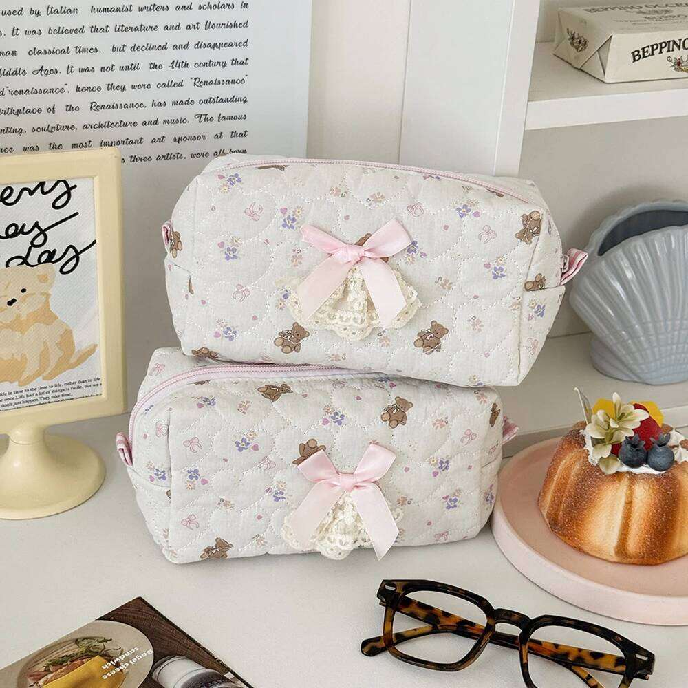 Cartoon Cute Bow Women Mini Cosmetic Portable Purse Makeup Toiletry Storage Pouch Handbag Bear Square Zipper Small Bag Y260206