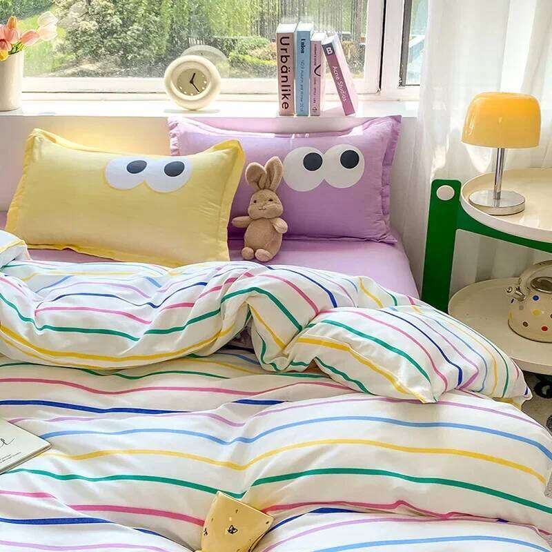 New Cartoon Striped Printed Bedding Sets Aloe Cotton Skin Friendly Breathable Comforter Cover Set Twin Double Size Bed Linens XJ260206