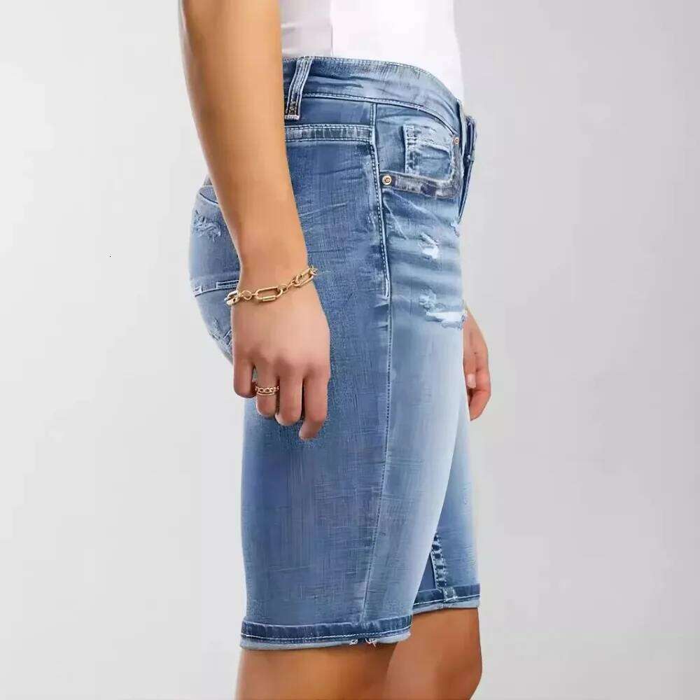 Hole Denim Shorts Women High Waist Solid Short Pants Basic Slim Fit Jeans Office Lady Button Pocket Skinny Casual Elegant XJ260206