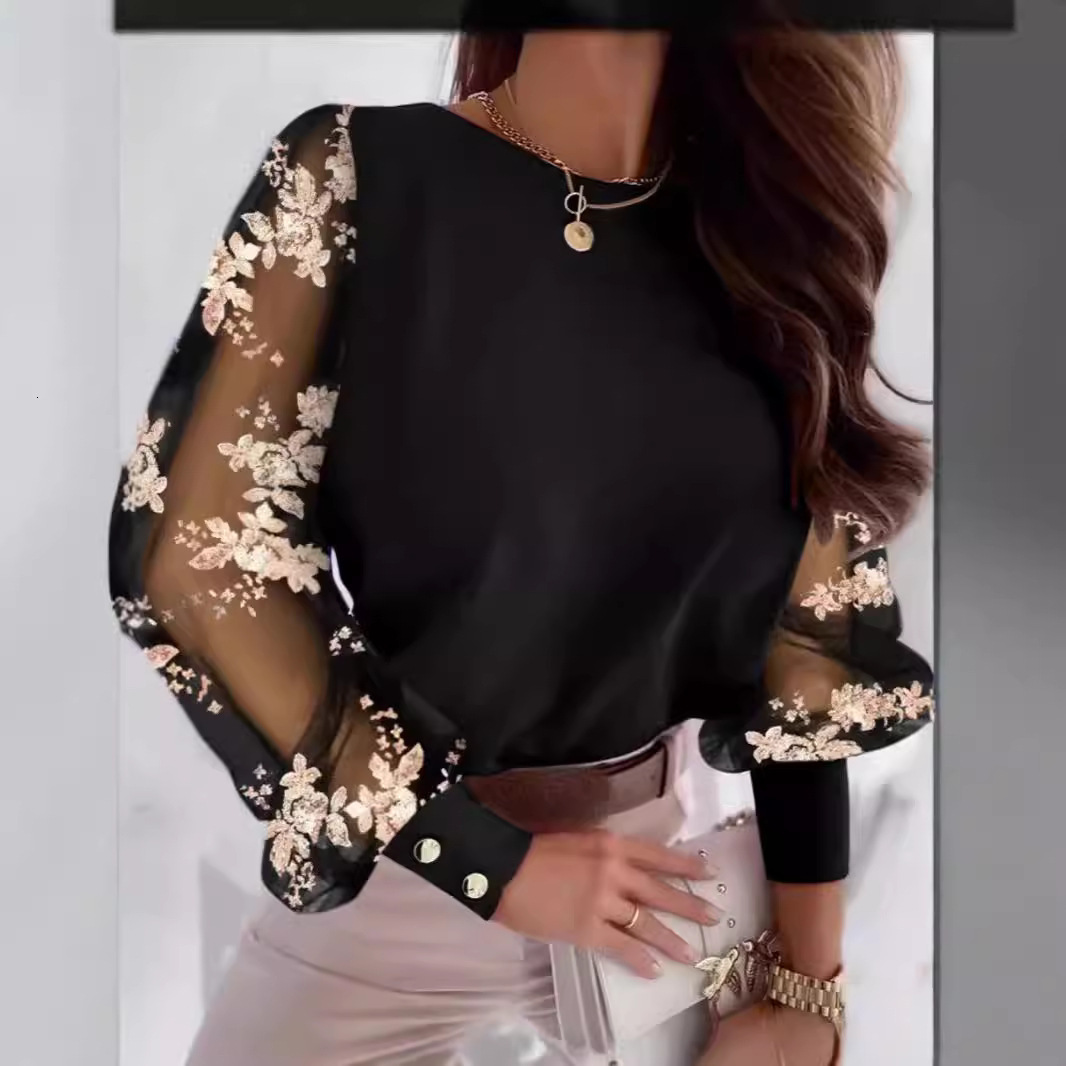 Women Patchwork Mesh Embroidered Floral Long Sleeve Blouse Tops Ladies Slim Crew Neck Pullover Shirt Summer Spring Blusas 240117