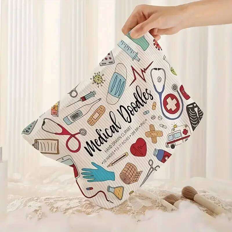 Medical Graffiti Printed Corduroy Bag, Lightweight Zipper Makeup Storage Box, Multi functional Bag with Lining Y260206