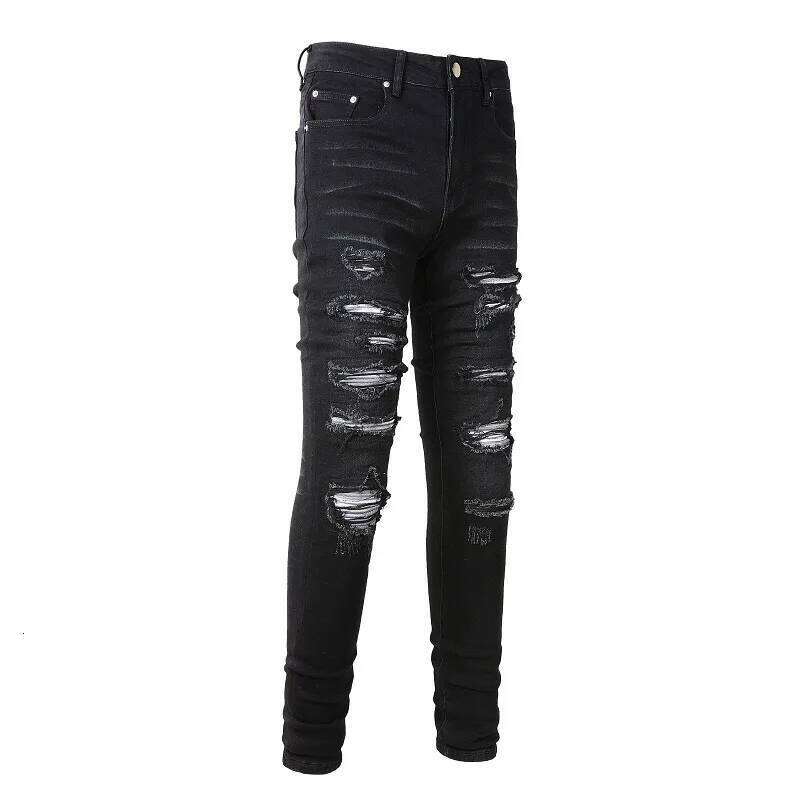 Men's Black Distressed Bandanna Patchwork Holes Repaired Skinny Stretch Moustache Slim Fit Ripped Jeans Men X260207