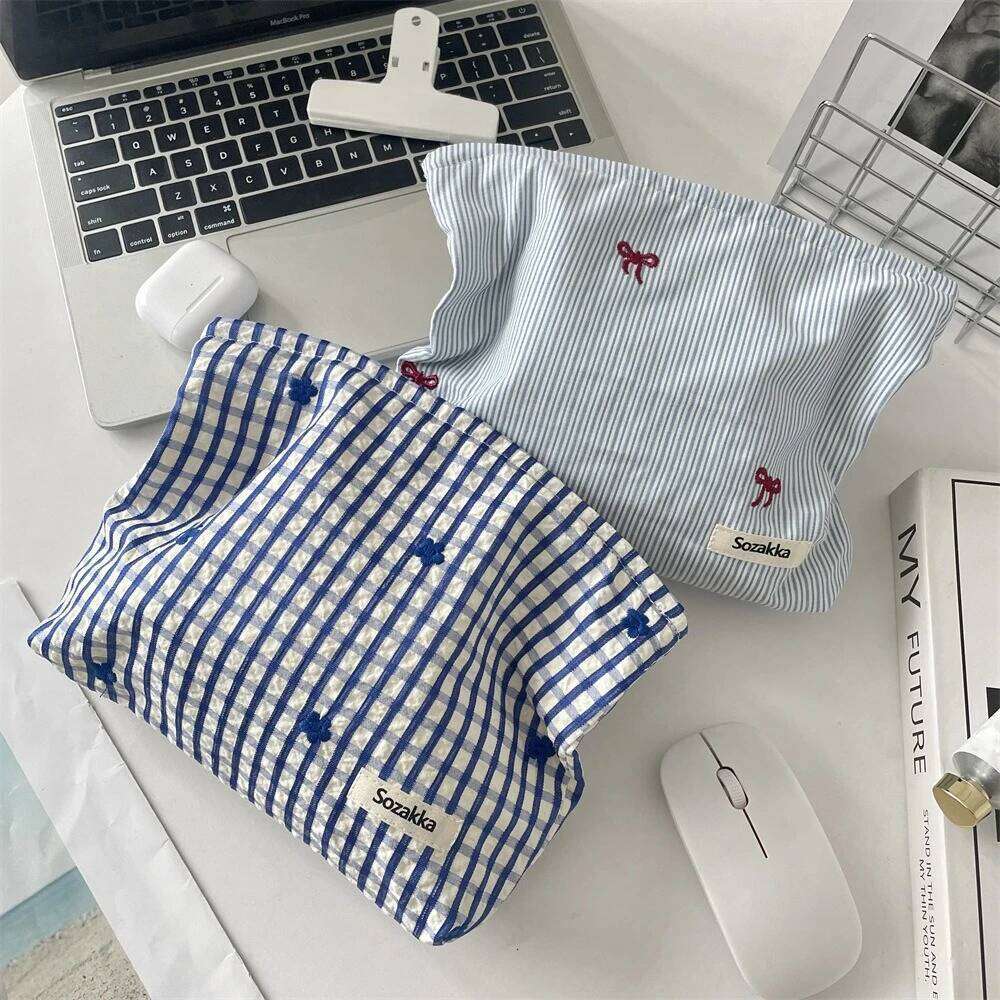 Striped Plaid Embroidered Women Cosmetic Bag Portable Zipper Makeup Travel Organizer Female Toiletry Storage Pouch Y260206