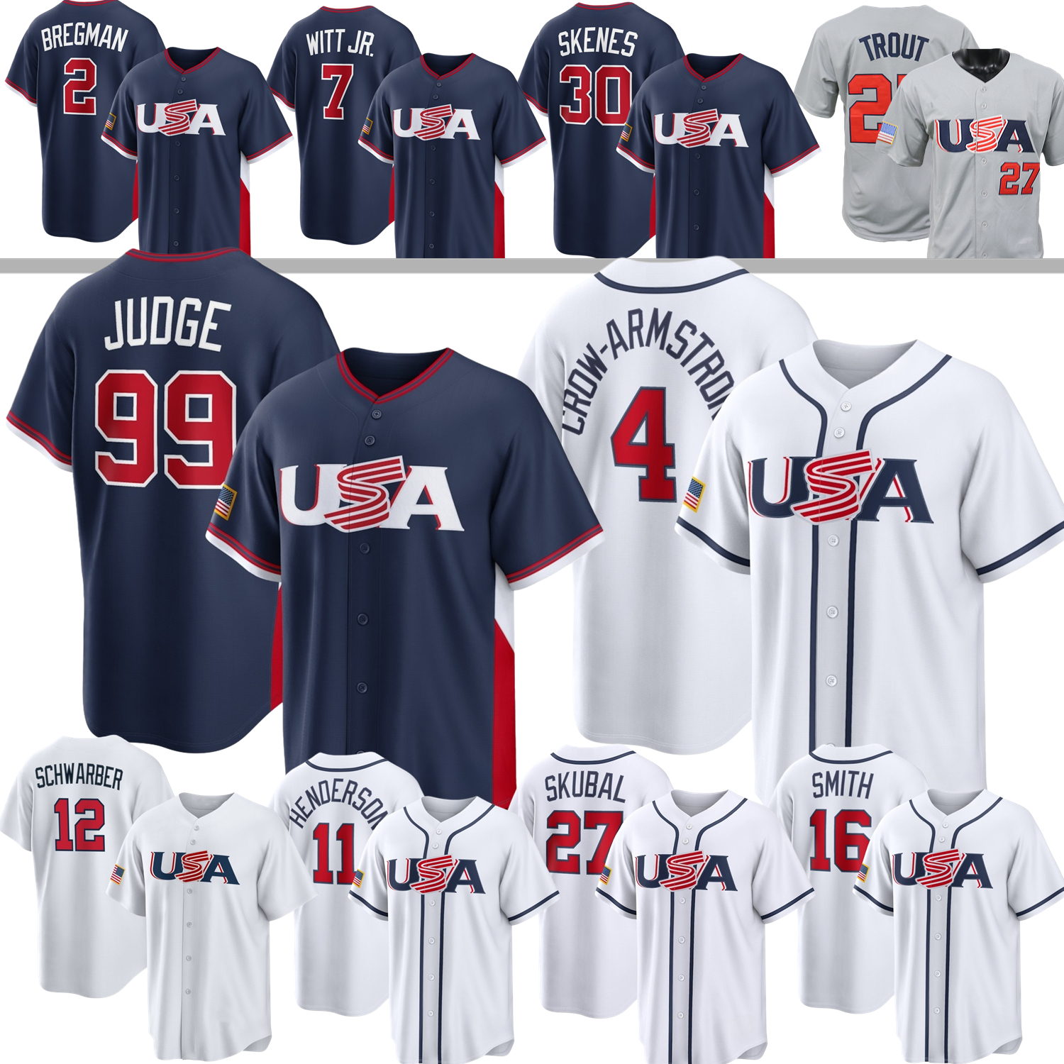 2026 WBC USA Team World Baseball Classic Jersey Aaron Judge Bobby Witt Jr. Pete Crow-Armstrong Harper Carroll Skenes Raleigh Schwarber Bregman Kershaws Speier Webb