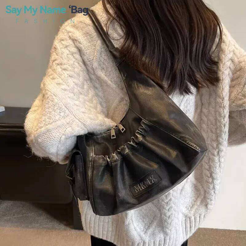 Distressed Vintage Shoulder Bags Women Pleated Y2K Design Large Capacity Retro Hobo Bag 2025 New Designer Handbags Luxury Y260205